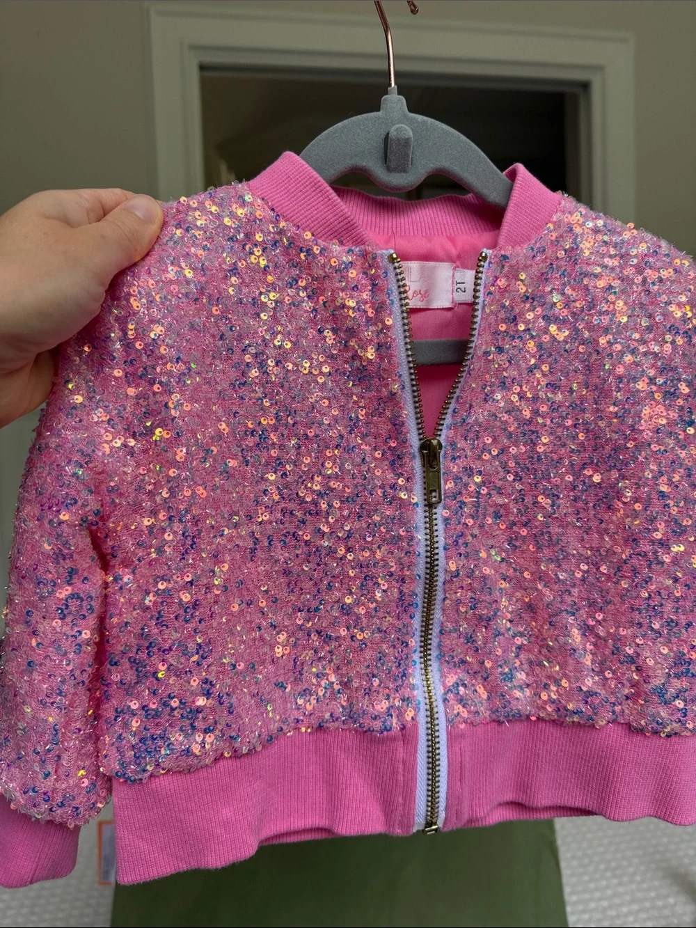 Toddler Sequin Pink Bomber Jacket with Ribbed Trim